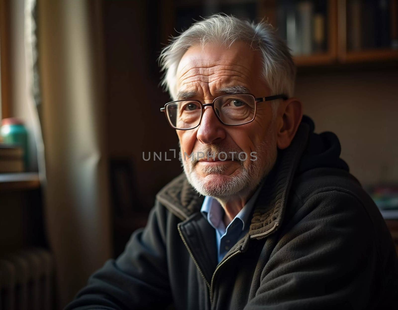 A senior man stands confidently, wearing a black jacket. Softly lit background. Portrait of a Russian man, 60-70-80 years old. Serious, wise, thoughtful face. Pensioner with gray hair. Generative AI.