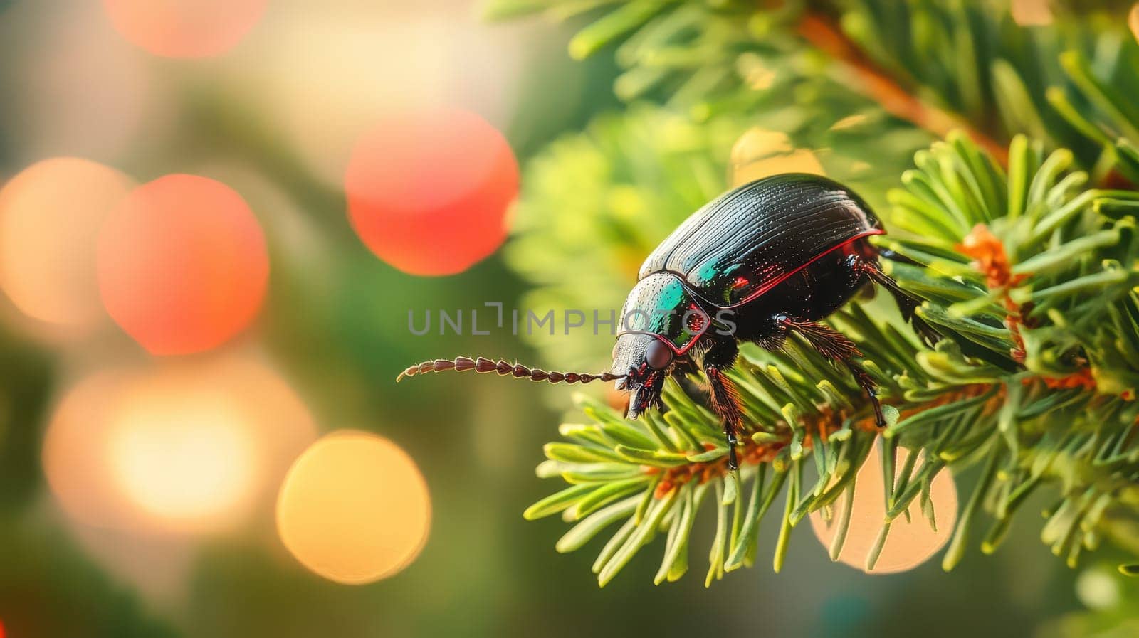 A vibrant beetle is perched on green pine tree branches surrounded by colorful festive lights highlighting the Christmas spirit during winter.