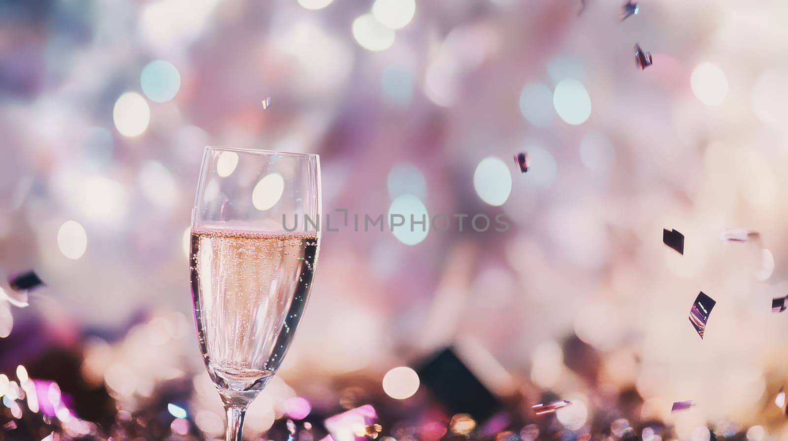 A glass of sparkling cider stands amidst colorful confetti signifying a festive Christmas celebration filled with joy and cheer.