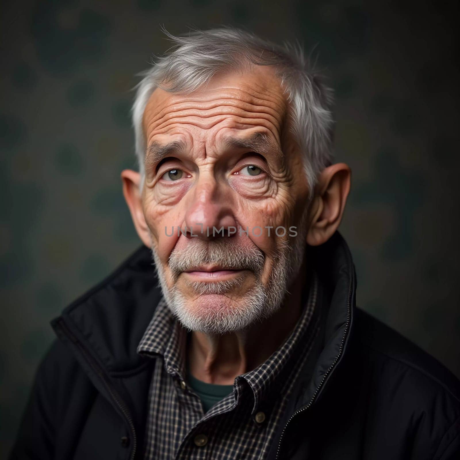 A senior man stands confidently, wearing a black jacket. Softly lit background. Portrait of a Russian man, 60-70-80 years old. Serious, wise, thoughtful face. Pensioner with gray hair. Generative AI.