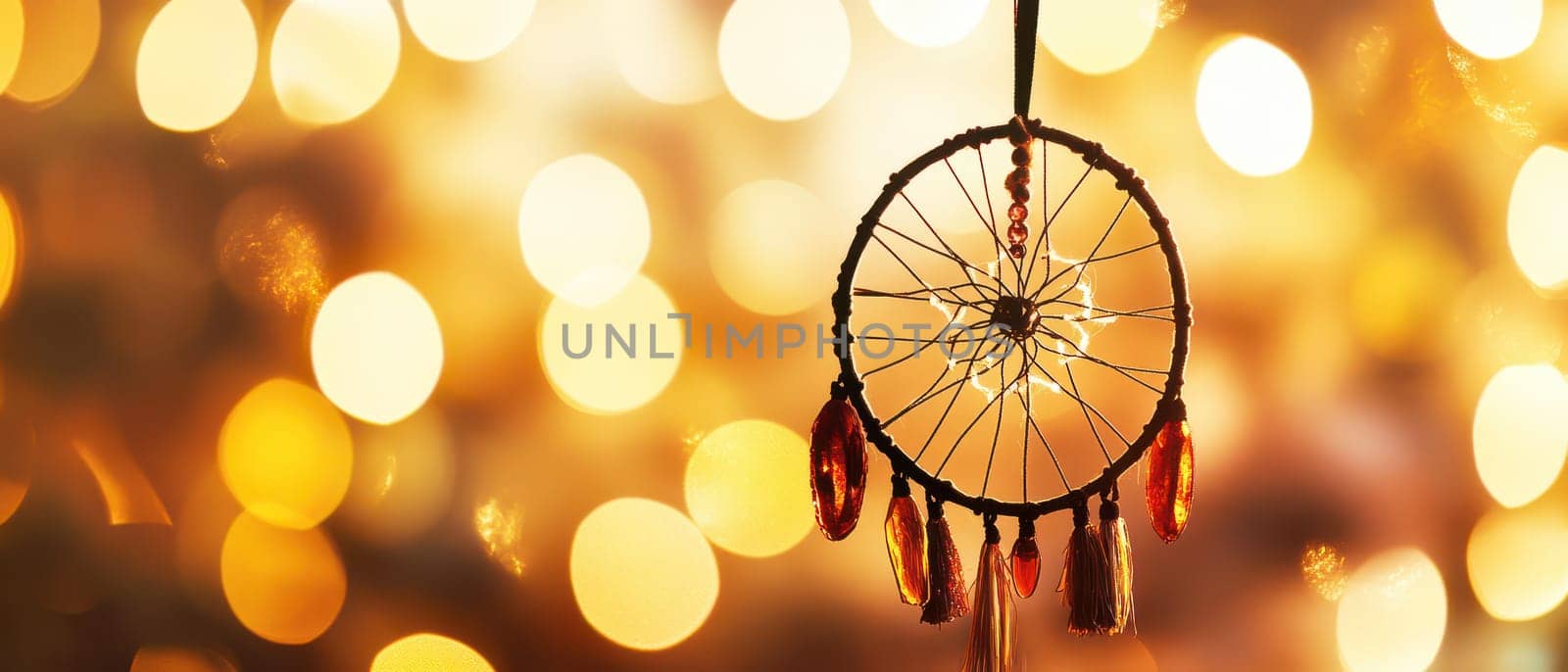 A dreamcatcher hangs beautifully illuminated by warm Christmas lights in the background creating a cozy festive atmosphere.
