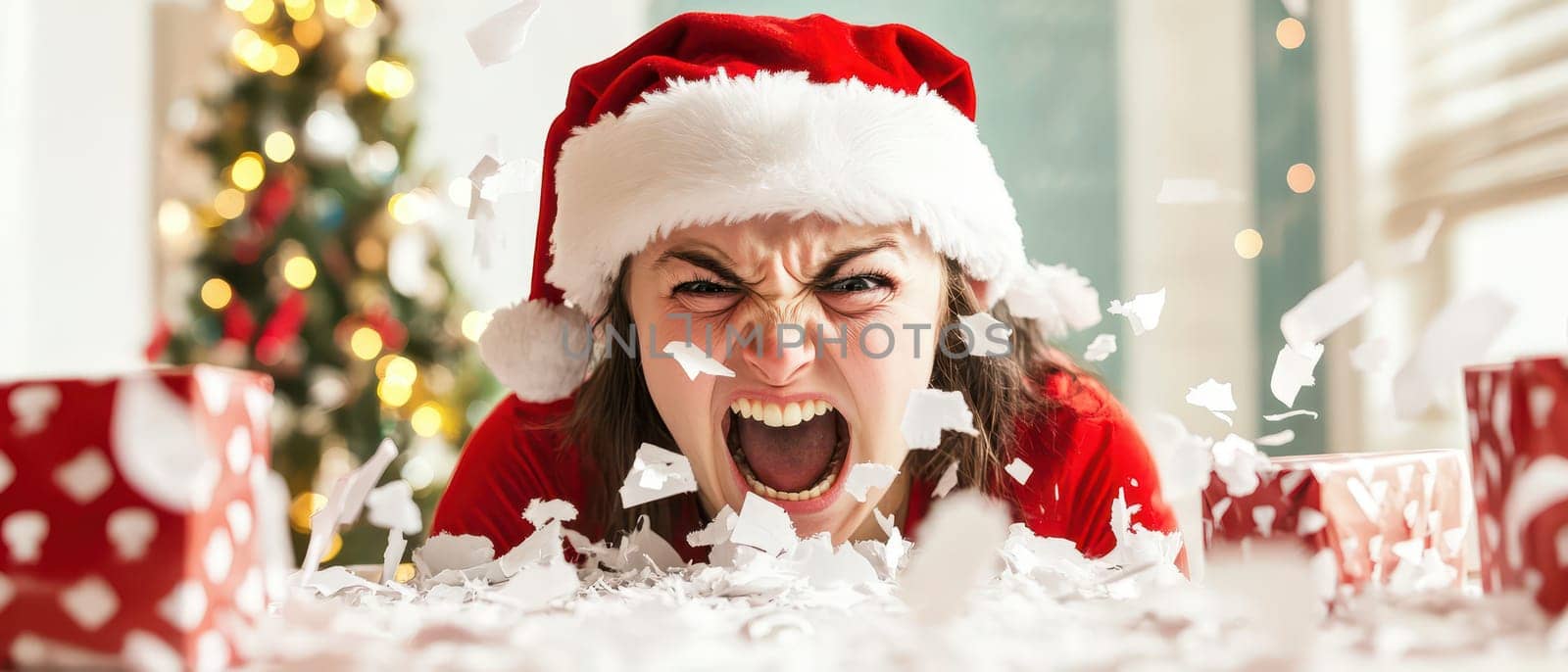 A woman wearing a Santa hat appears frustrated while surrounded by crumpled wrapping paper and festive decorations capturing holiday stress.