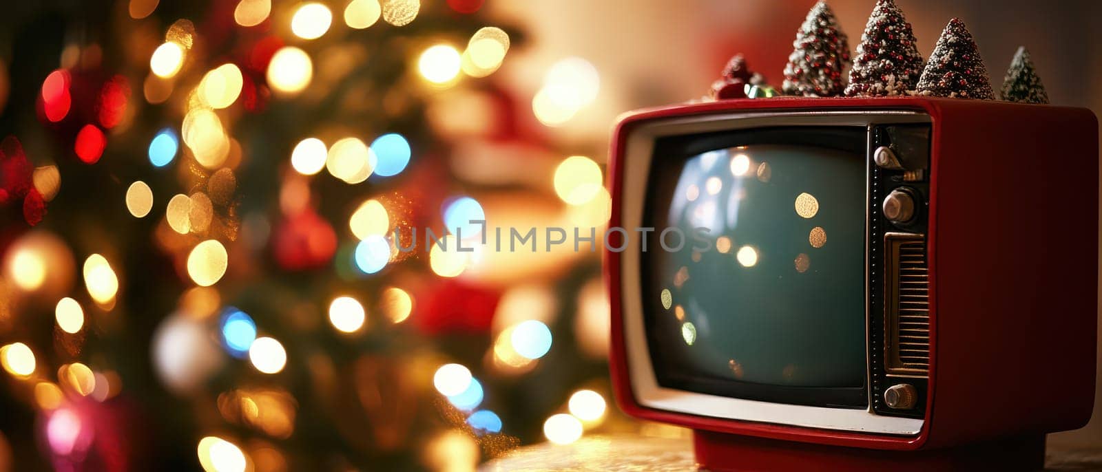 A retro television set is adorned with festive decorations while colorful lights and a Christmas tree create a cheerful holiday atmosphere.