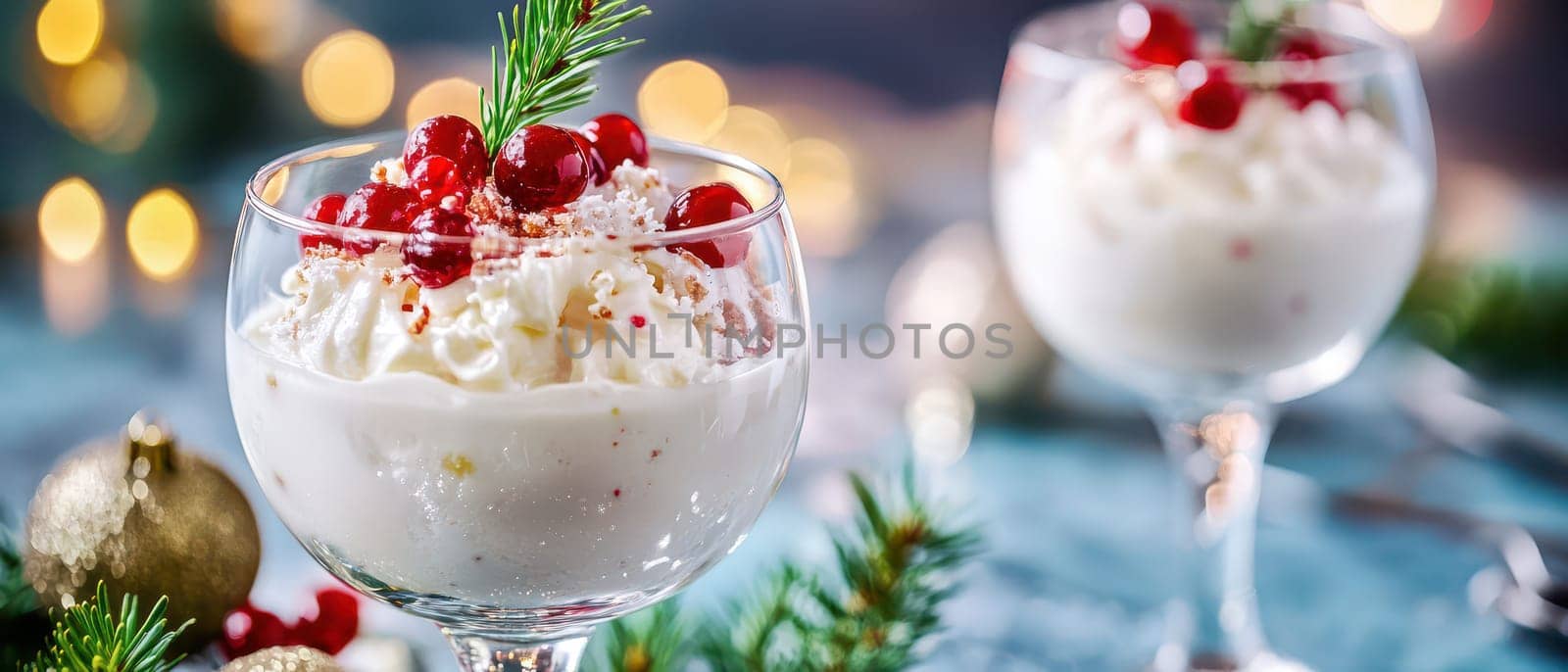 A delicious festive dessert topped with cream and red berries sits elegantly on a table adorned for Christmas with sparkling lights in the background.