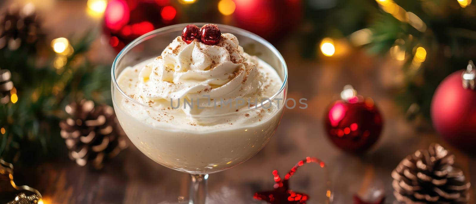 A delicious dessert topped with whipped cream garnished with berries surrounded by Christmas decorations creating a festive atmosphere.