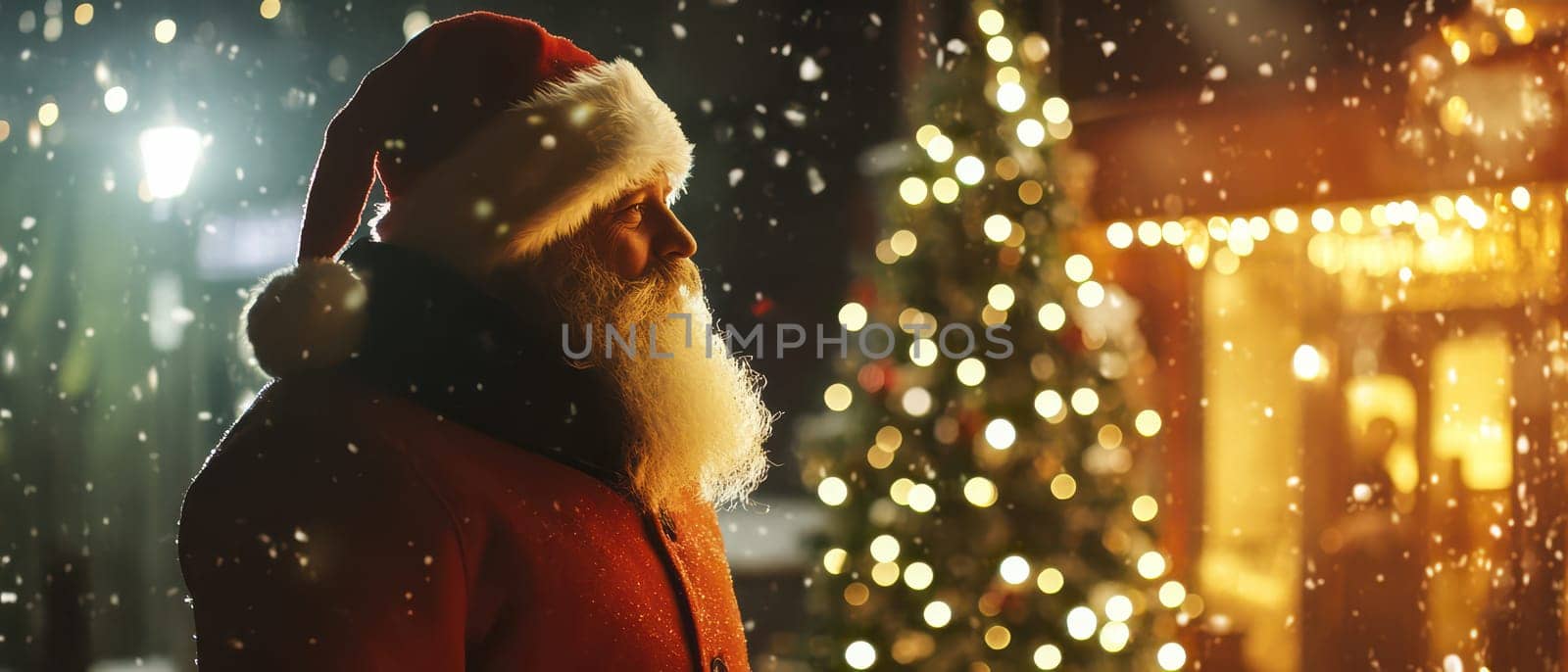 Santa Claus enjoys a snowy evening surrounded by twinkling lights and a festive Christmas tree in the background.