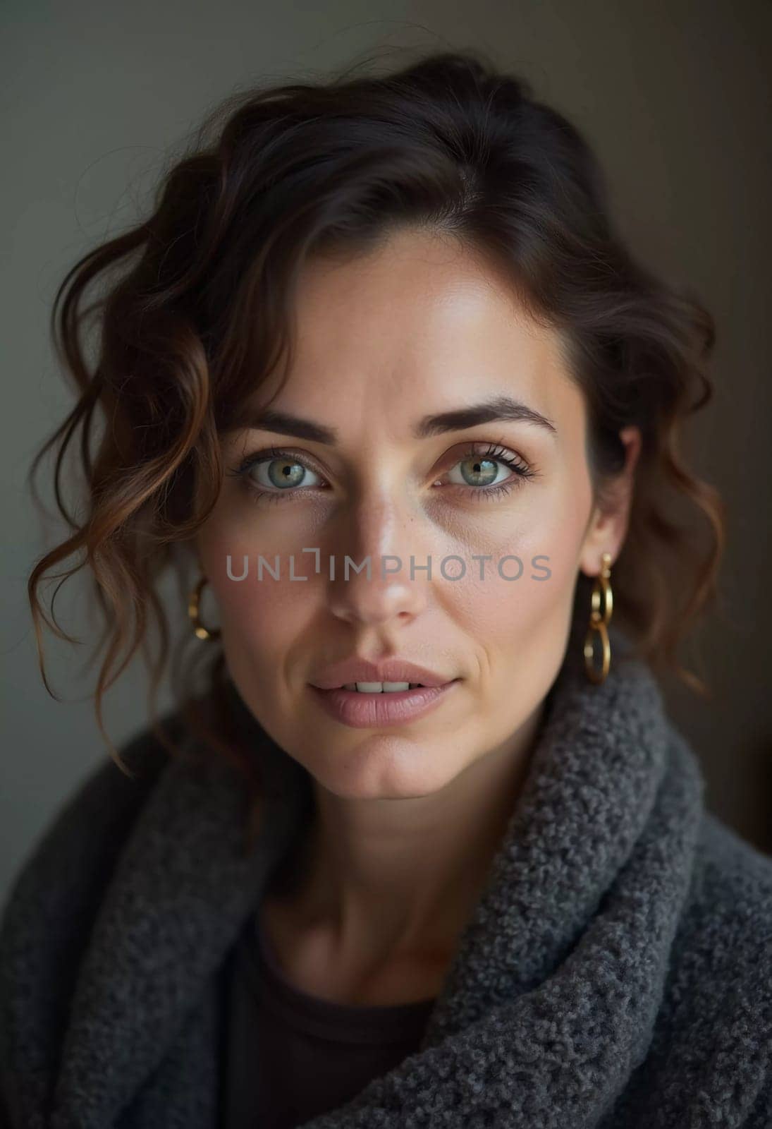 A Russian woman stands gracefully with long, flowing hair and striking grey eyes. Soft light enhances her natural beauty, creating an intimate atmosphere. Serious woman 40-50 years old. Generative AI.