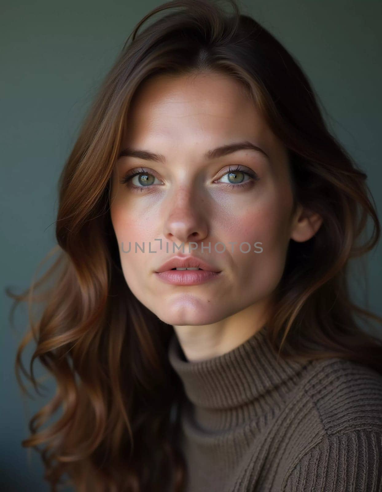A Russian woman stands gracefully with long, flowing hair and striking grey eyes. Soft light enhances her natural beauty, creating an intimate atmosphere. Serious woman 40-50 years old. Generative AI.