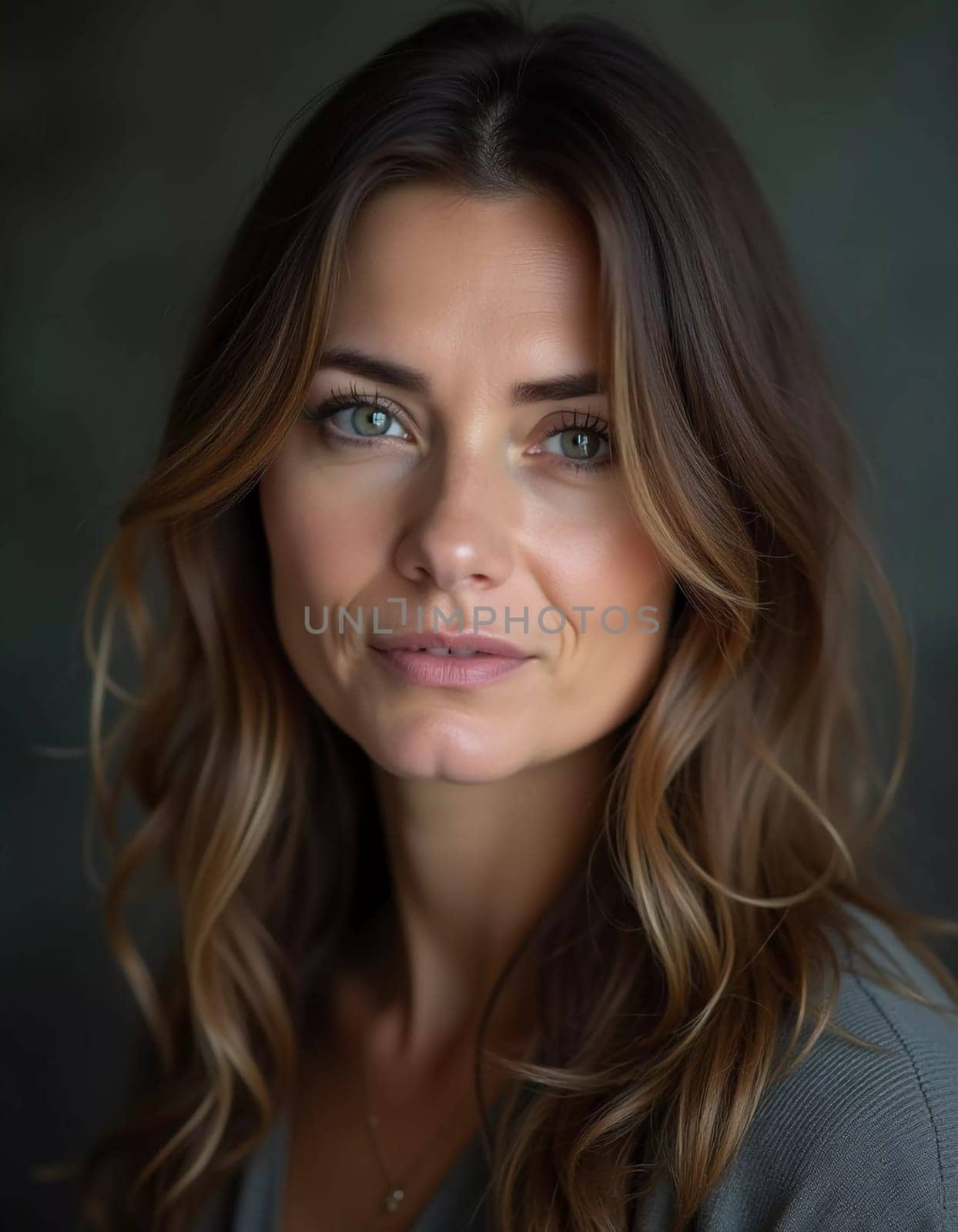 A Russian woman stands gracefully with long, flowing hair and striking grey eyes. Soft light enhances her natural beauty, creating an intimate atmosphere. Serious woman 40-50 years old. Generative AI.