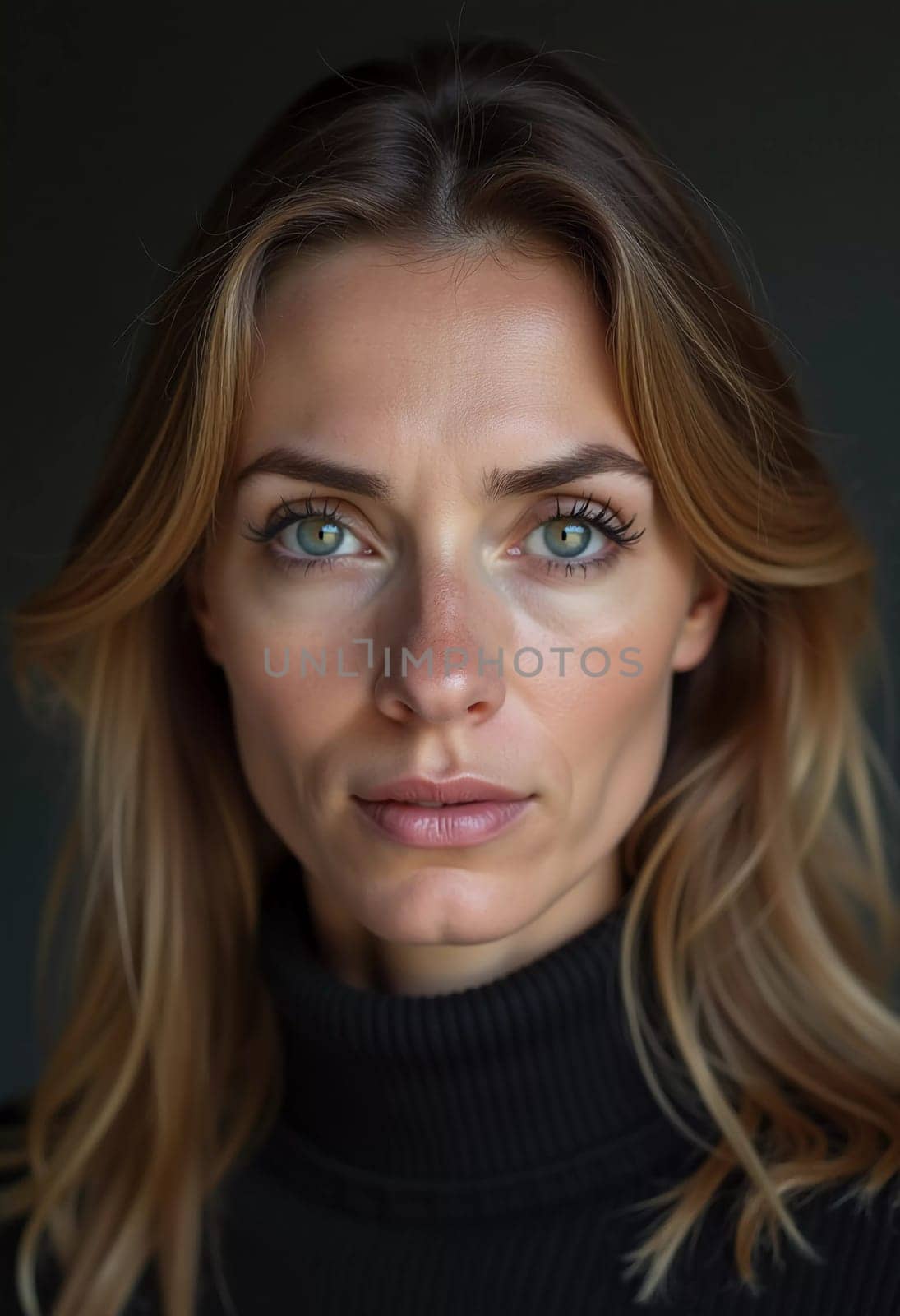A Russian woman stands gracefully with long, flowing hair and striking grey eyes. Soft light enhances her natural beauty, creating an intimate atmosphere. Serious woman 40-50 years old. Generative AI.