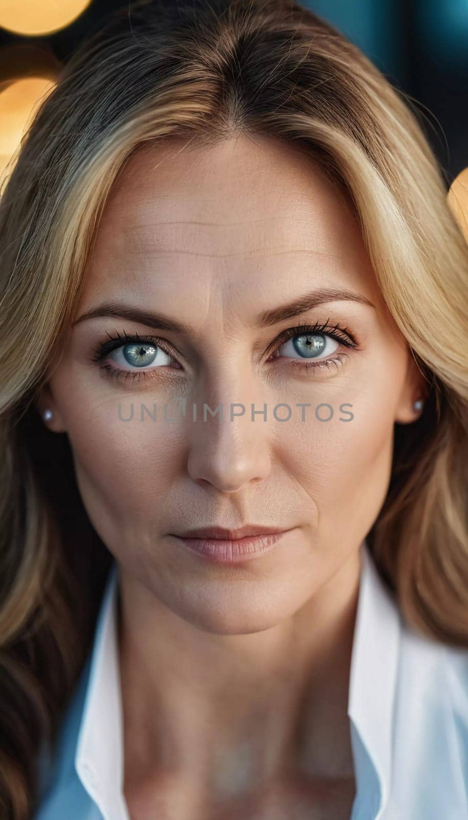 A Russian woman stands gracefully with long, flowing hair and striking grey eyes. Soft light enhances her natural beauty, creating an intimate atmosphere. Serious woman 40-50 years old. Generative AI.