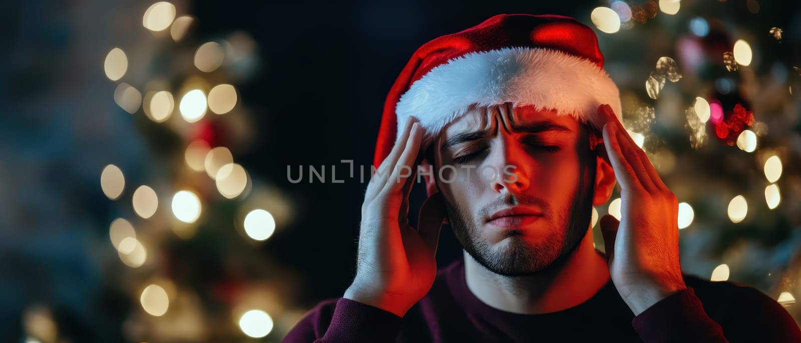 A young man in a Santa hat looks pained surrounded by festive lights and trees showing the stress of the holiday season.