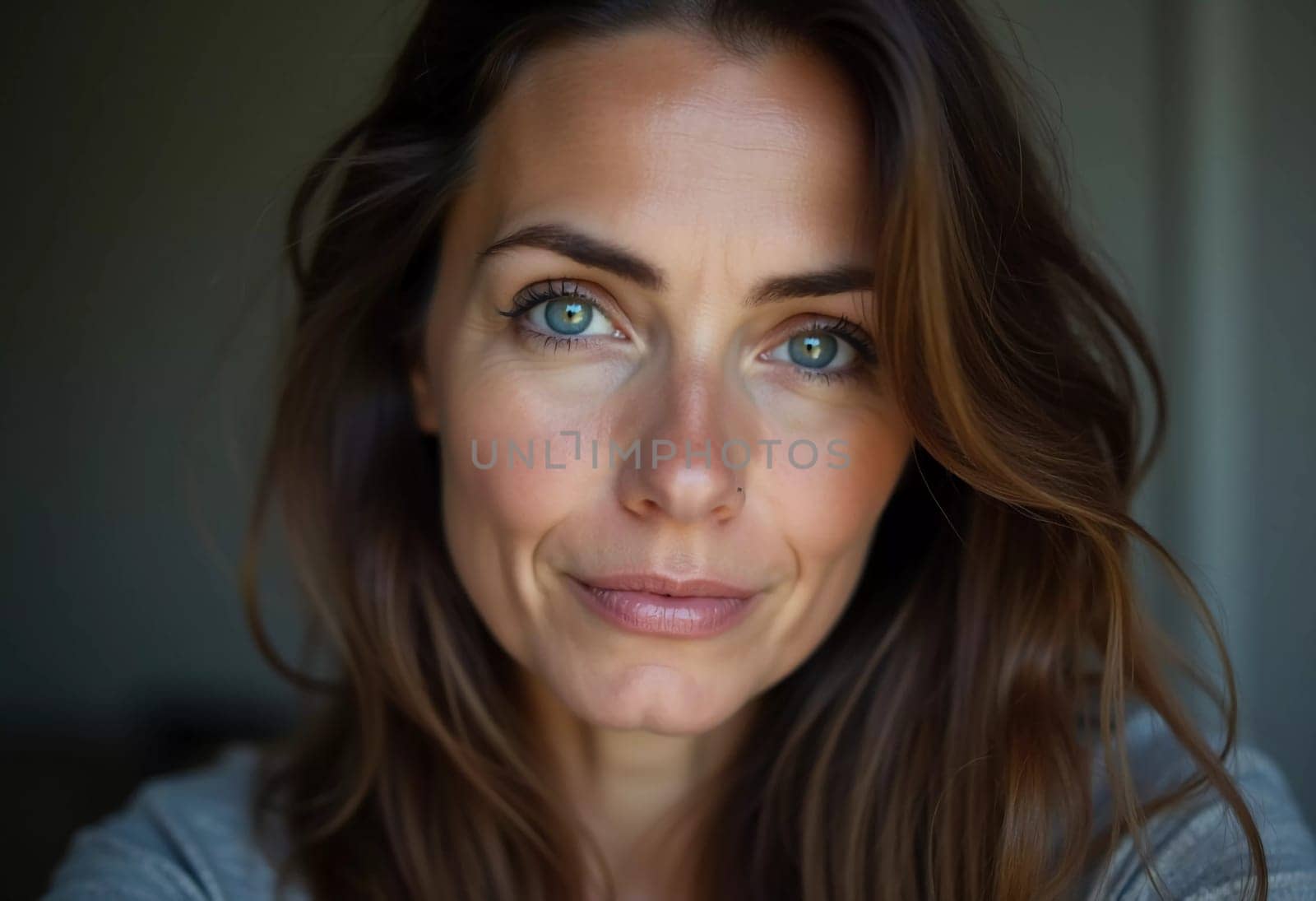 A Russian woman stands gracefully with long, flowing hair and striking grey eyes. Soft light enhances her natural beauty, creating an intimate atmosphere. Serious woman 40-50 years old. Generative AI.