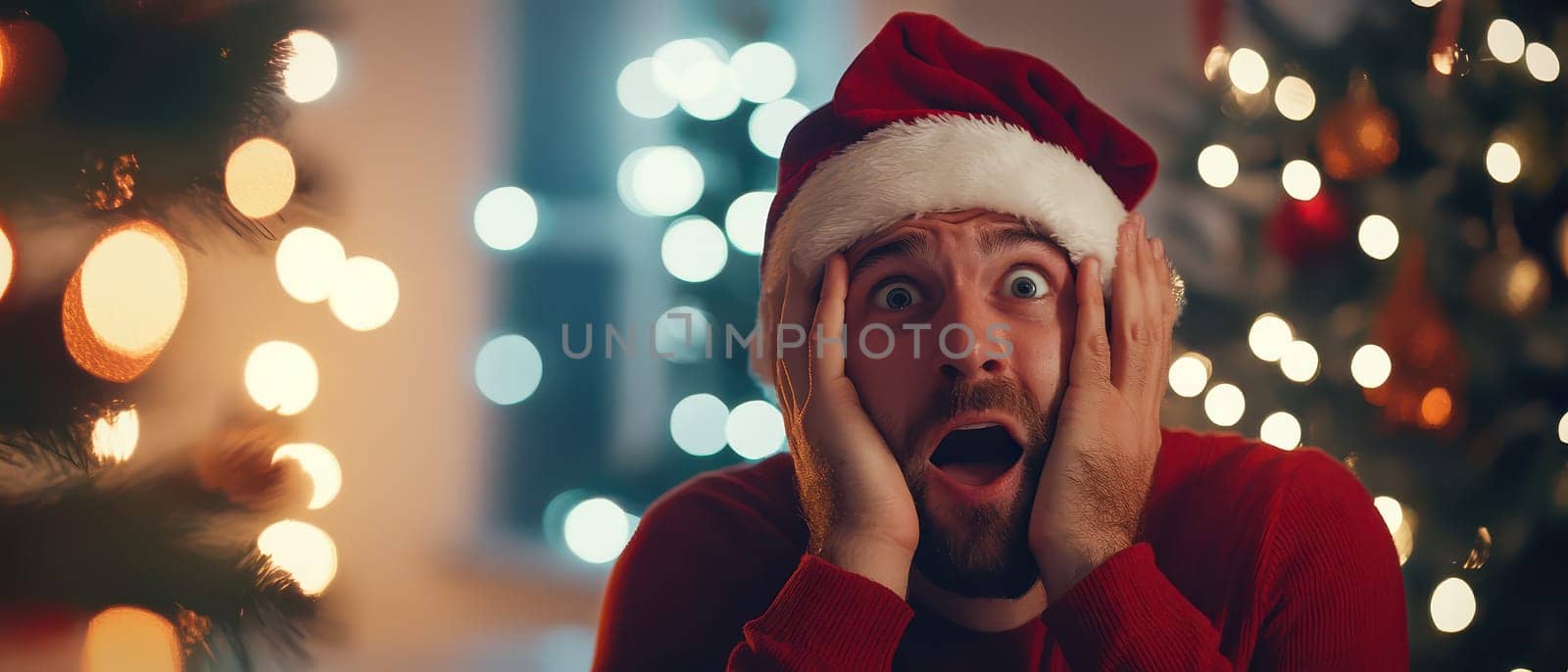 A man in a Santa hat shows a shocked expression while surrounded by Christmas decorations and bright lights capturing holiday excitement.