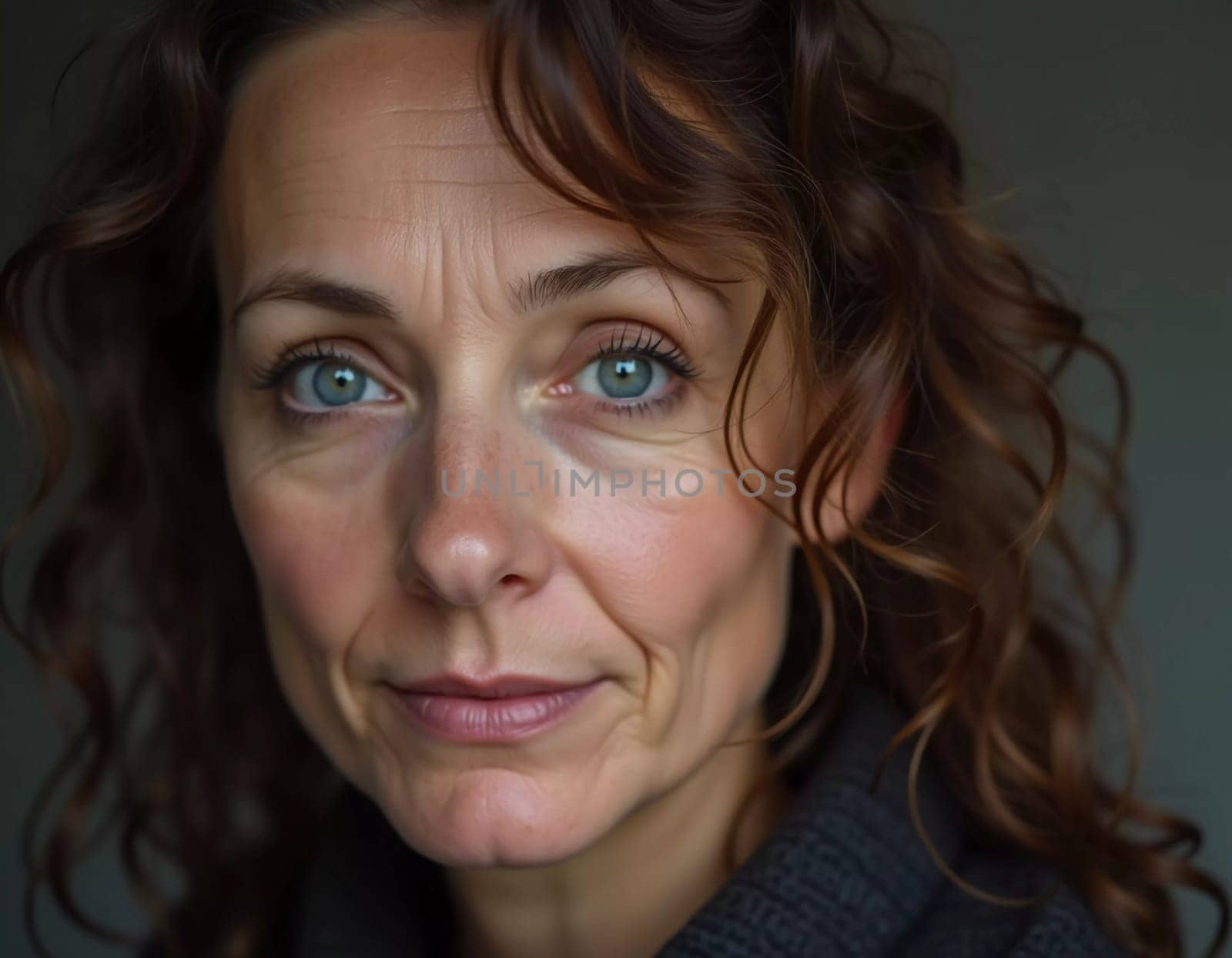 Middle-aged woman, wavy brown hair, captivating blue eyes. She stands confidently exuding grace and poise. A resident of Russia, a woman 40-50 years old. Portrait of an ordinary woman. Generative AI.