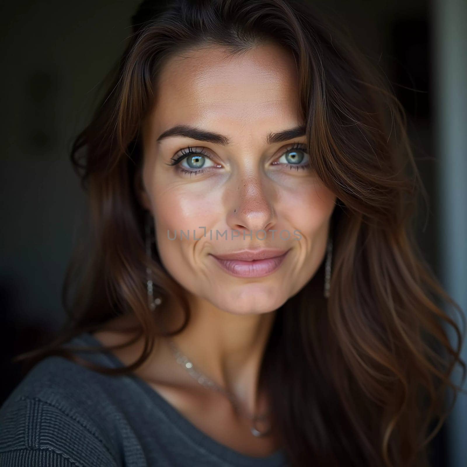 A Russian woman stands gracefully with long, flowing hair and striking grey eyes. Soft light enhances her natural beauty, creating an intimate atmosphere. Serious woman 40-50 years old. Generative AI.