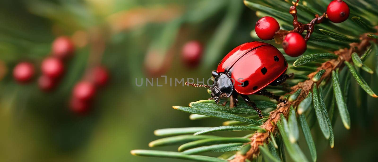 A bright red beetle rests on a green evergreen branch adorned with red berries capturing the essence of the Christmas season.