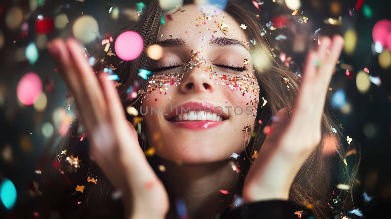 A woman celebrates Christmas surrounded by colorful confetti smiling with a festive spirit and a carefree attitude in a joyful atmosphere.