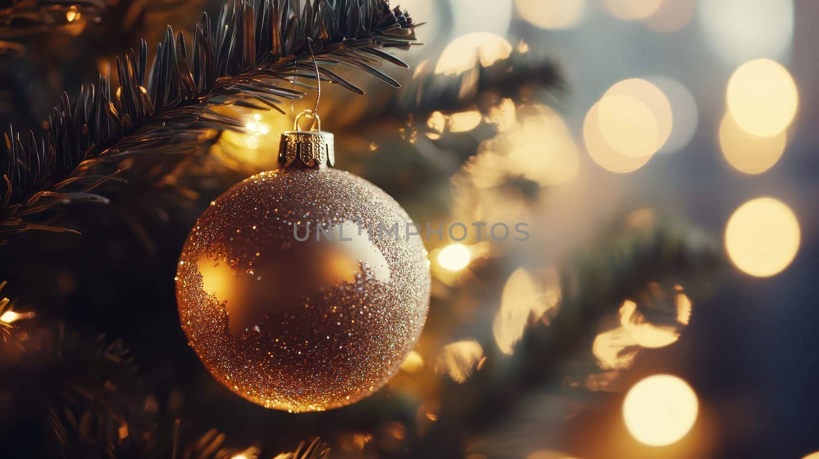 A golden ornament dangles from an evergreen branch illuminated by soft holiday lights in a cozy indoor setting.