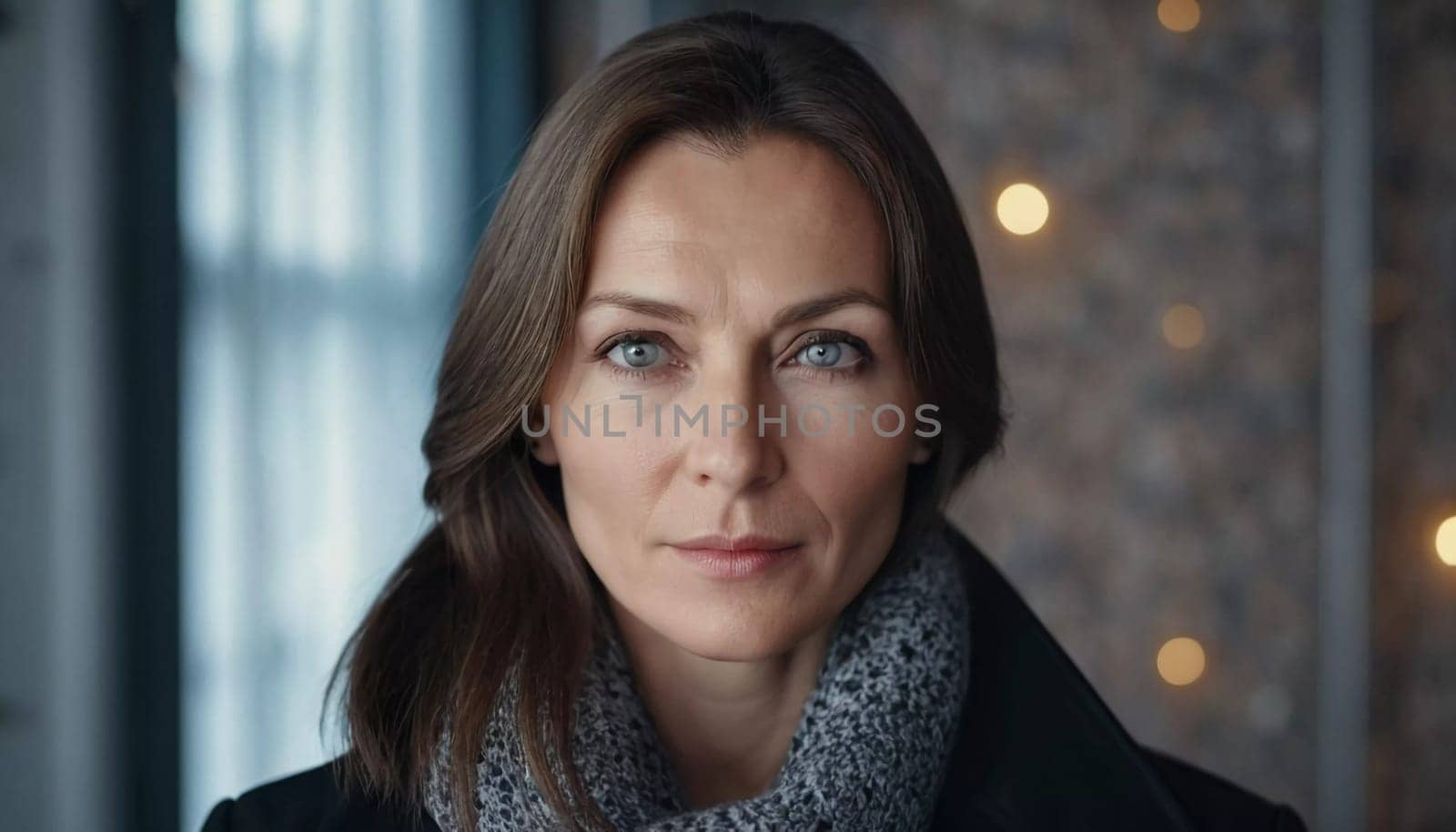 Middle-aged woman, wavy brown hair, captivating blue eyes. She stands confidently exuding grace and poise. A resident of Russia, a woman 40-50 years old. Portrait of an ordinary woman. Generative AI.