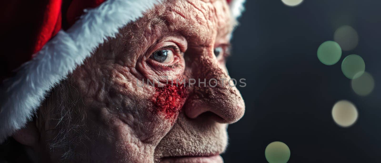An elderly man wearing a festive hat is captured in profile against a blurred background of holiday lights during the Christmas season.