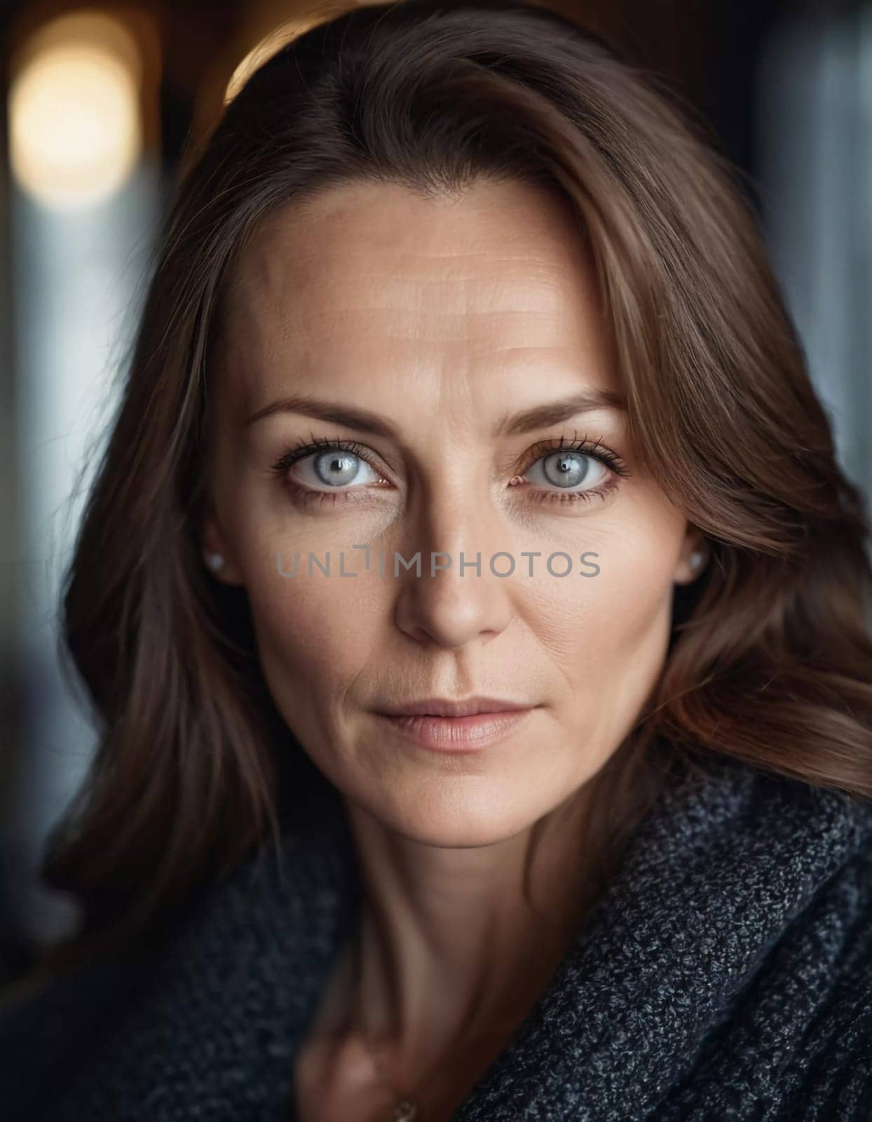 Middle-aged woman, wavy brown hair, captivating blue eyes. She stands confidently exuding grace and poise. A resident of Russia, a woman 40-50 years old. Portrait of an ordinary woman. Generative AI.