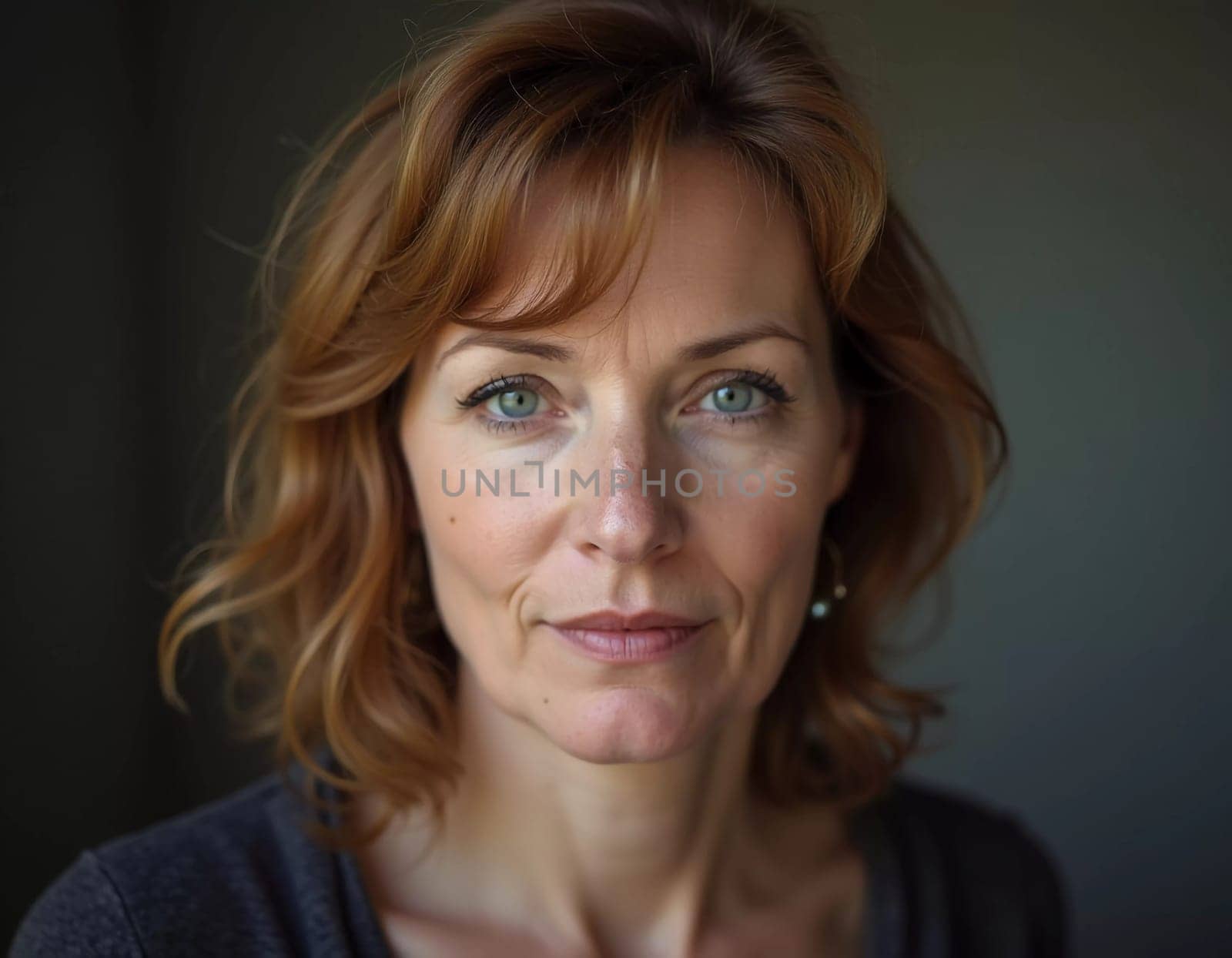Middle-aged woman, wavy auburn hair, captivating blue eyes. She stands confidently exuding grace and poise. A resident of Russia, a woman 40-50 years old. Portrait of an ordinary woman. Generative AI.