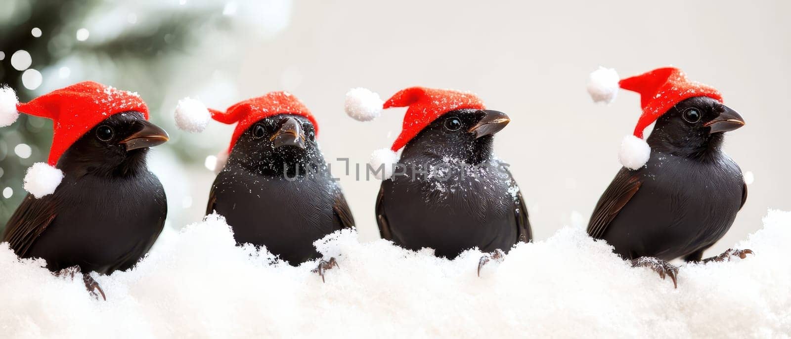 Four black birds are perched on white snow each wearing a red Christmas hat creating a joyful winter holiday atmosphere.