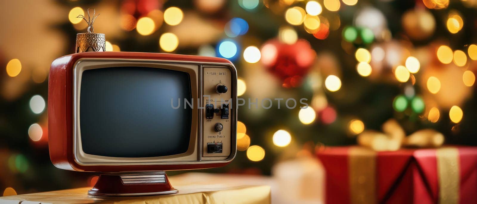 A classic television set sits next to a brightly lit Christmas tree adorned with colorful ornaments and presents during the festive season.