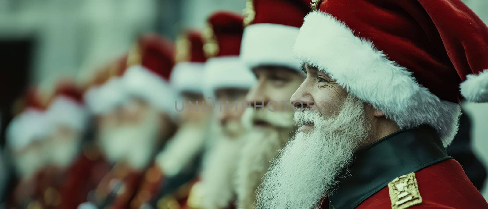 A group of Santa Claus look alikes gathers spreading holiday cheer in their red suits and white beards.