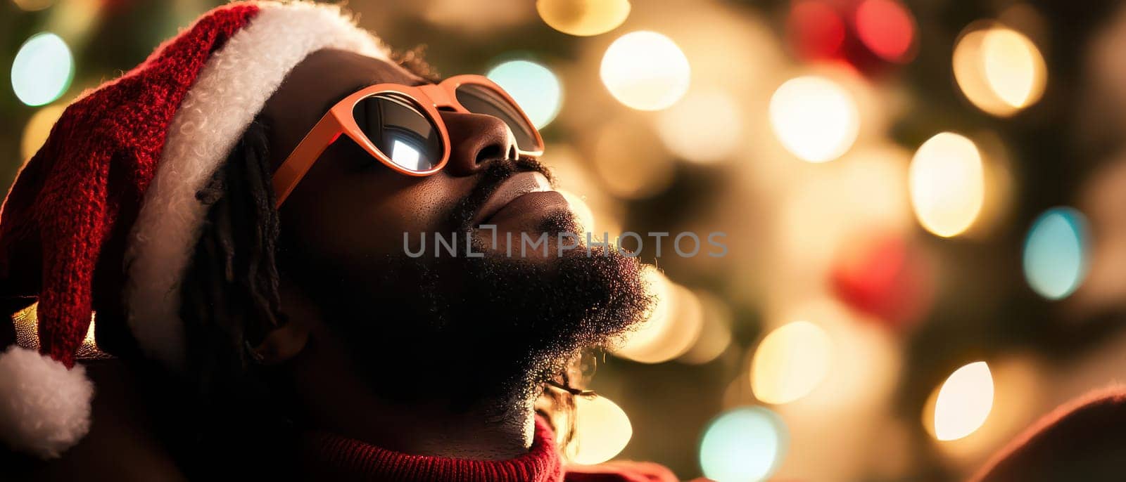 A joyful individual wears a Santa hat and sunglasses enjoying the festive atmosphere created by colorful holiday lights.