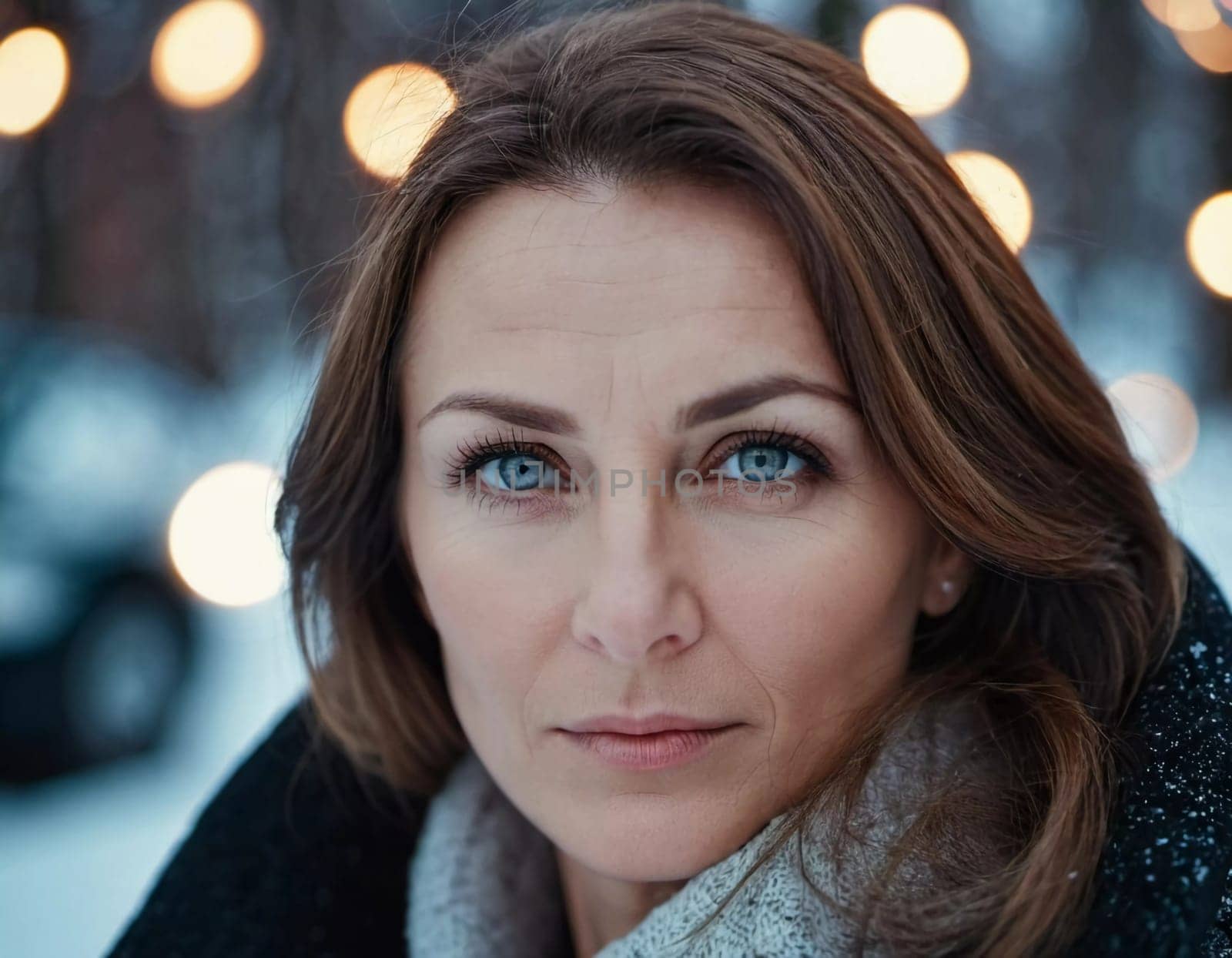 Middle-aged woman, wavy brown hair, captivating blue eyes. She stands confidently exuding grace and poise. A resident of Russia, a woman 40-50 years old. Portrait of an ordinary woman. Generative AI.