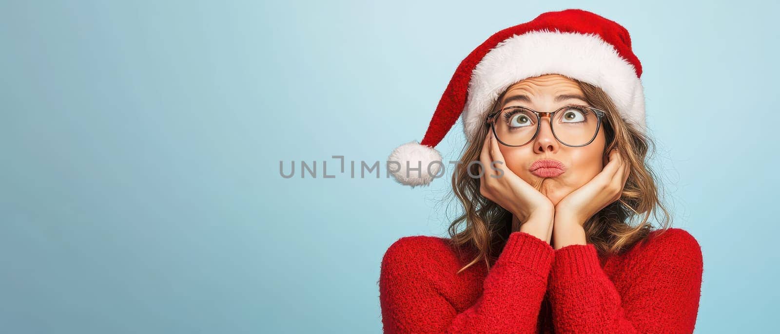 A woman in a red sweater and Christmas hat shows an intrigued expression as she contemplates holiday festivities with joy and anticipation.