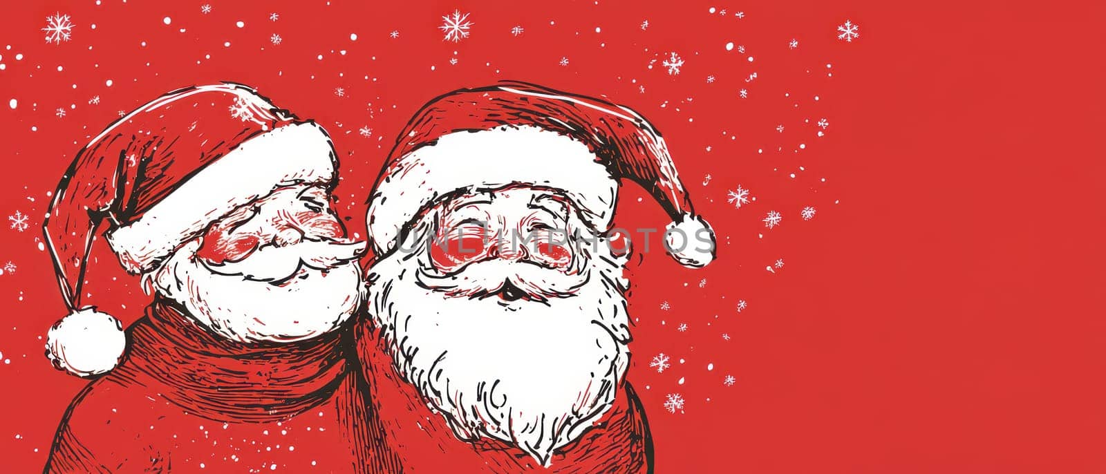 Two joyful Santas wearing red hats smile against a vibrant red background while gently falling snow adds to the festive atmosphere.