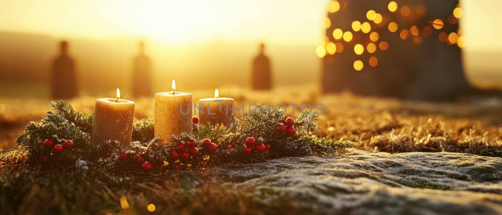Golden sunlight illuminates three candles surrounded by greenery and berries creating a peaceful atmosphere for Christmas celebrations.