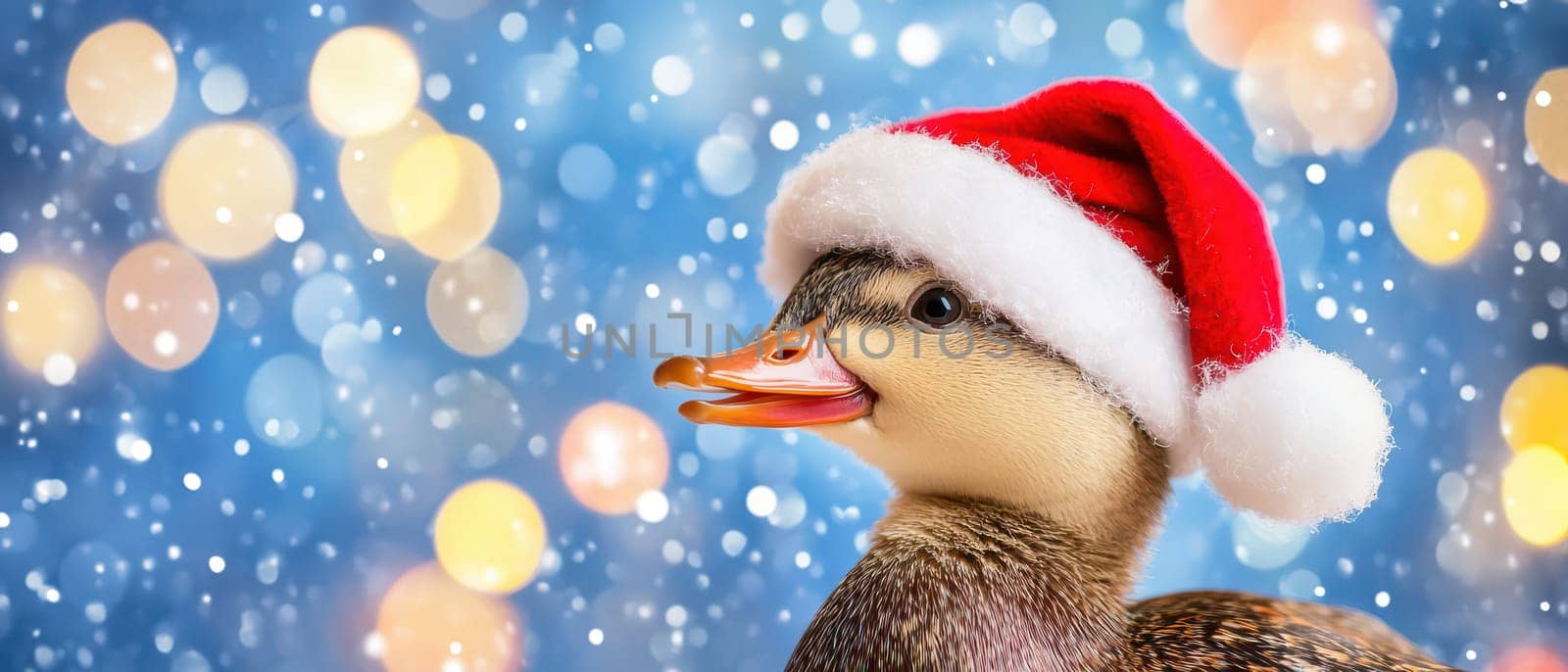 A duck is playfully wearing a red Christmas hat with a white brim. The backdrop features colorful bokeh lights and a snowy effect.