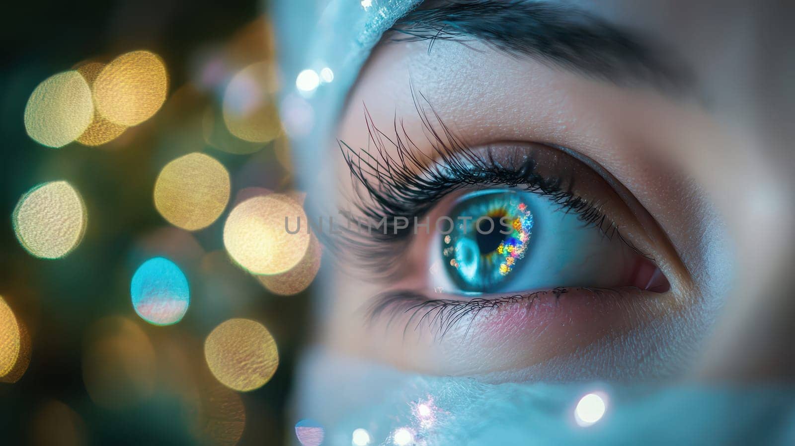 An eye with striking blue color reveals reflections of colorful Christmas lights creating a magical holiday atmosphere.