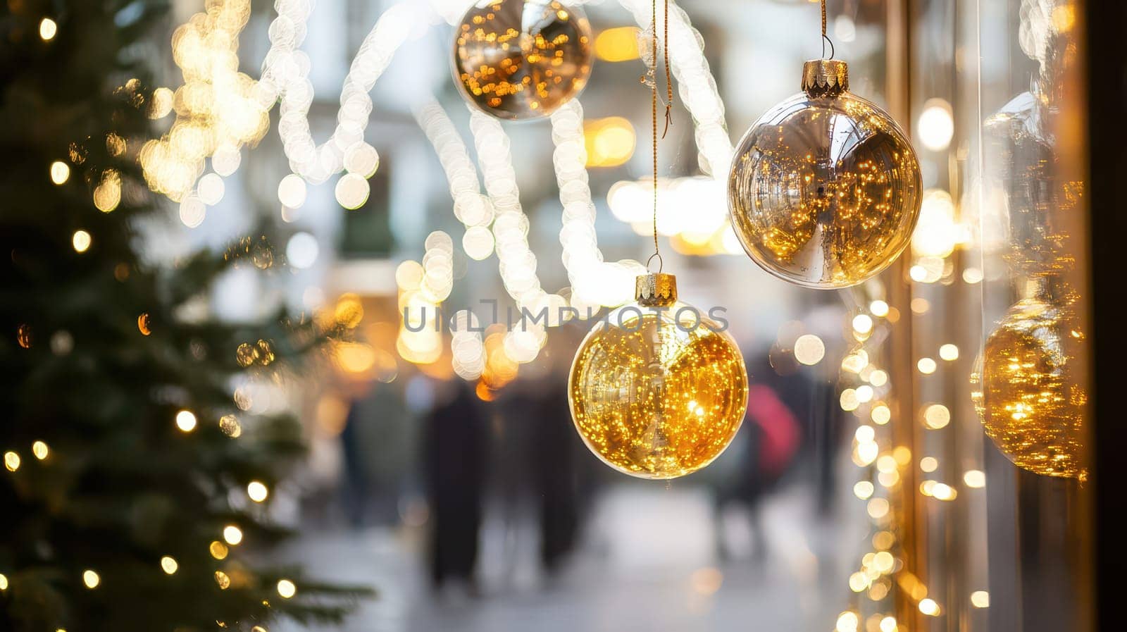 Festive decorations enhance a bustling street filled with holiday shoppers in a charming winter atmosphere capturing the spirit of Christmas.