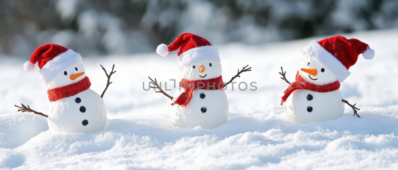Three cheerful snowmen are adorned with red hats and scarves while standing in a snowy landscape embodying the spirit of Christmas joy.