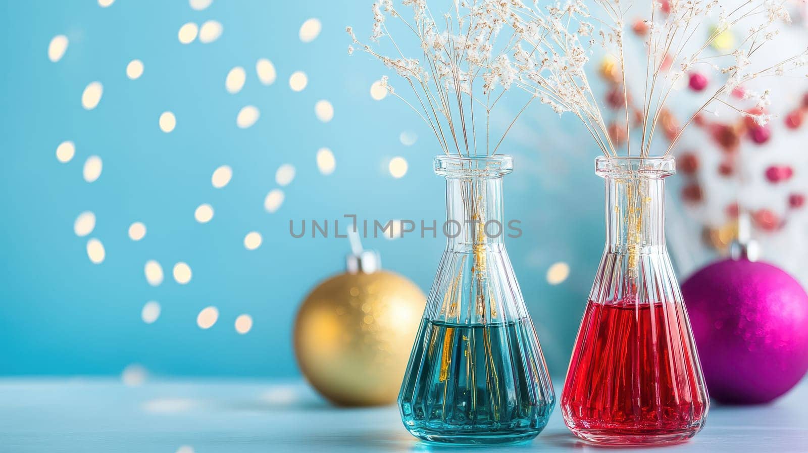 Two clear glass vases hold vibrant blue and red liquids surrounded by shimmering ornaments and twinkling lights for a festive atmosphere.