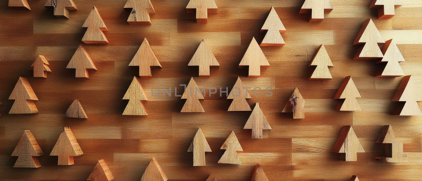Small wooden Christmas trees are neatly arranged on a creative wooden background perfect for holiday decorations and festive themes.