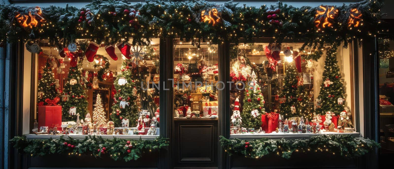 A vibrant holiday window showcases intricate decorations Christmas trees ornaments and festive figures creating a warm holiday atmosphere.