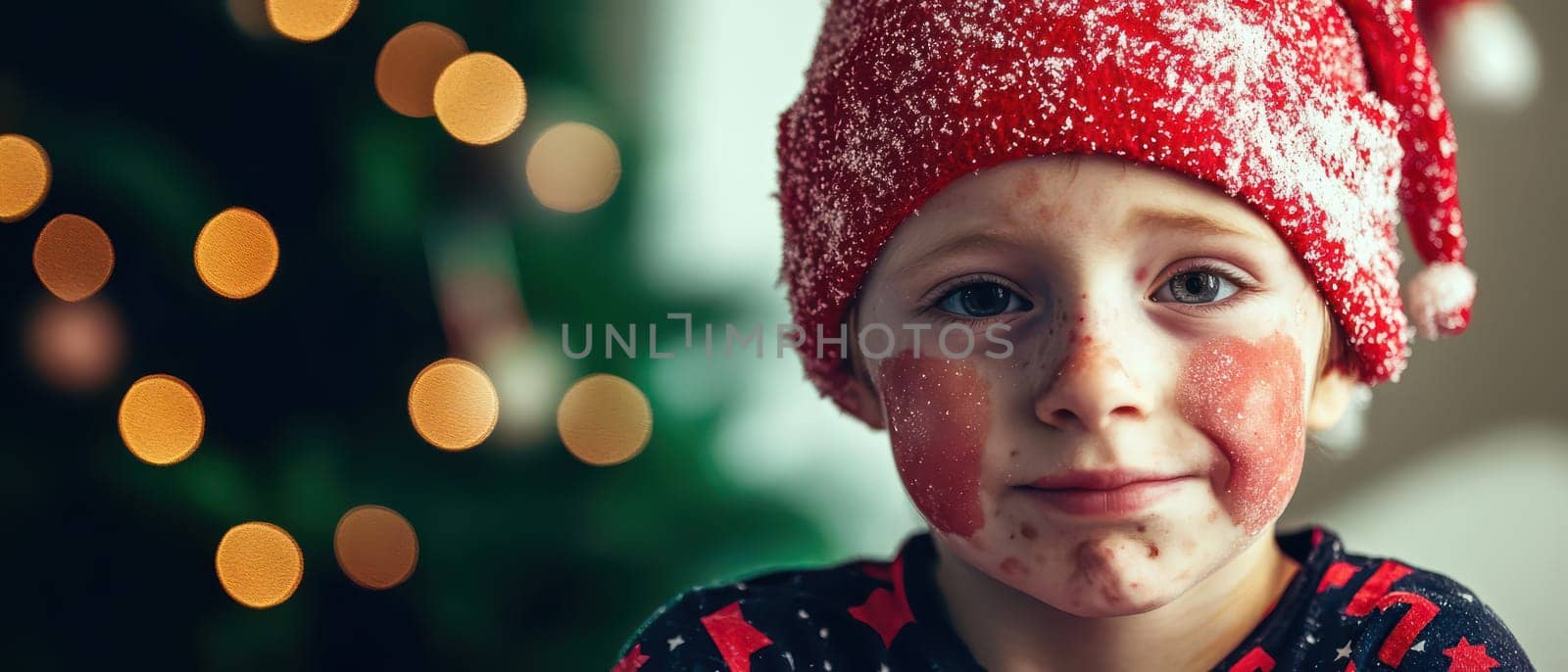 A child in a red hat shows excitement for Christmas with playful decorations on their face. The background features a decorated tree and warm lights.