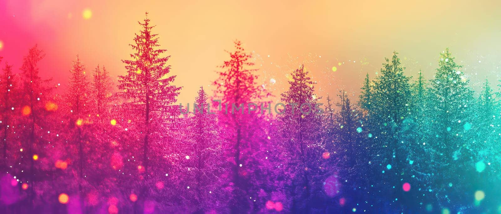 Snow covered trees glow with vibrant colors creating a festive atmosphere perfect for celebrating Christmas in a serene winter landscape.