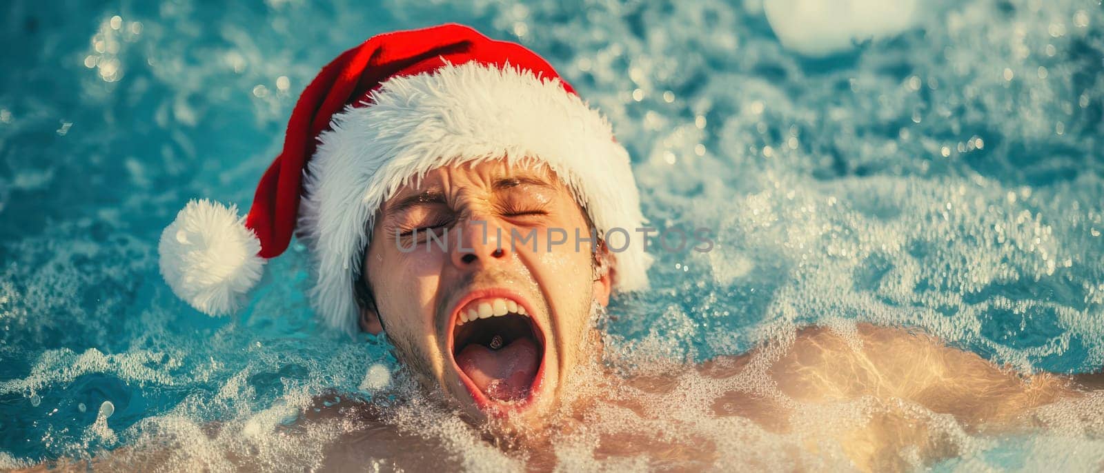 A man swims joyfully in a pool wearing a festive Santa hat. Its a fun winter celebration full of laughter and cheer.