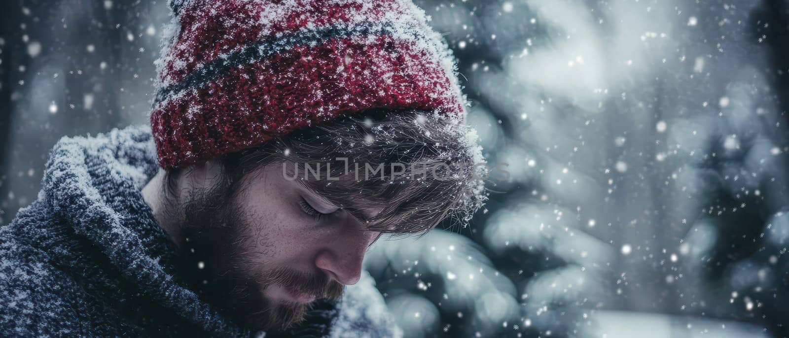 A young man in a red beanie experiences the magic of Christmas in a snowy forest lost in thought amidst falling snowflakes.