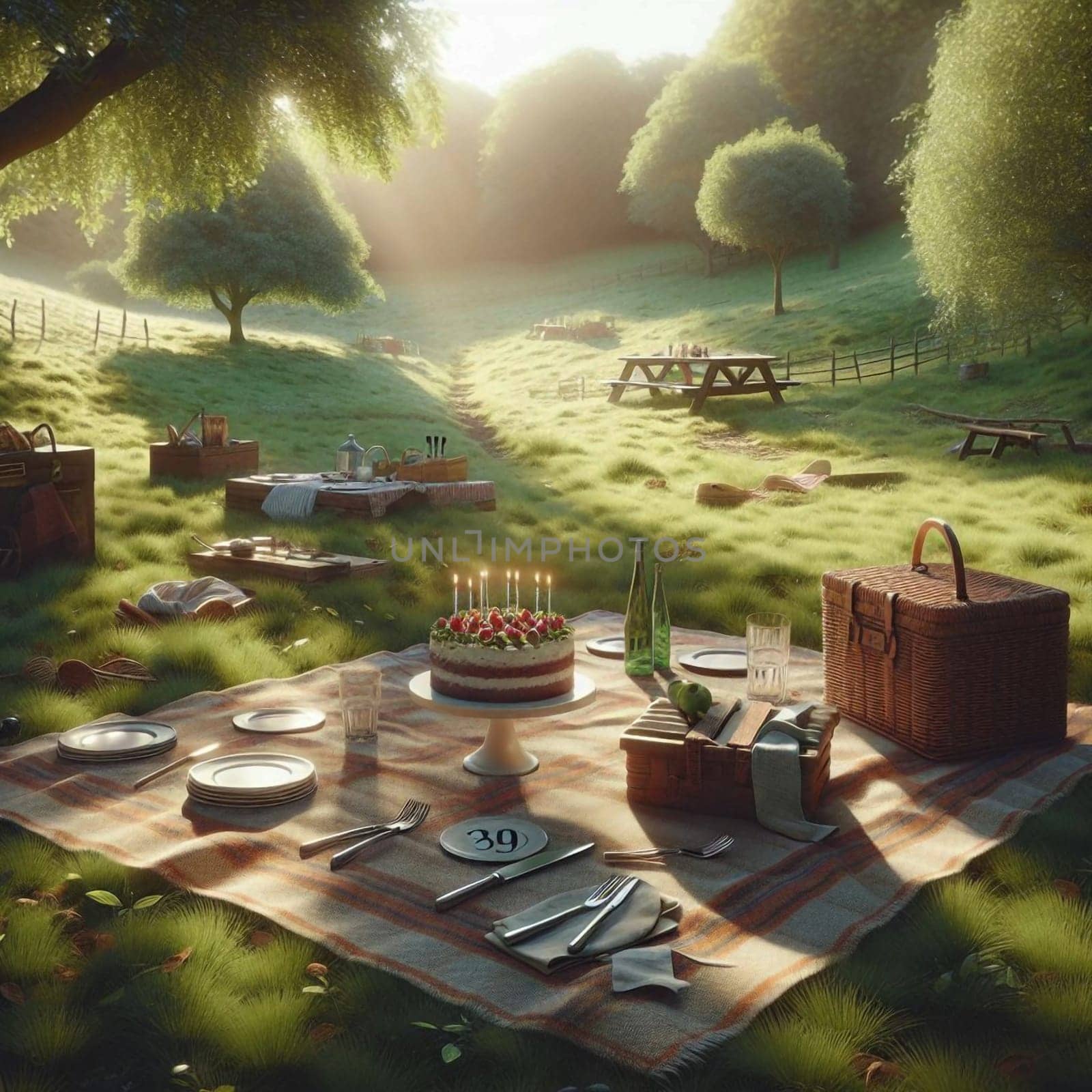 A whimsical birthday picnic scene in a sunny meadow. A birthday cake with lit candles is the centerpiece, surrounded by plates, cutlery, baskets, and drinks.