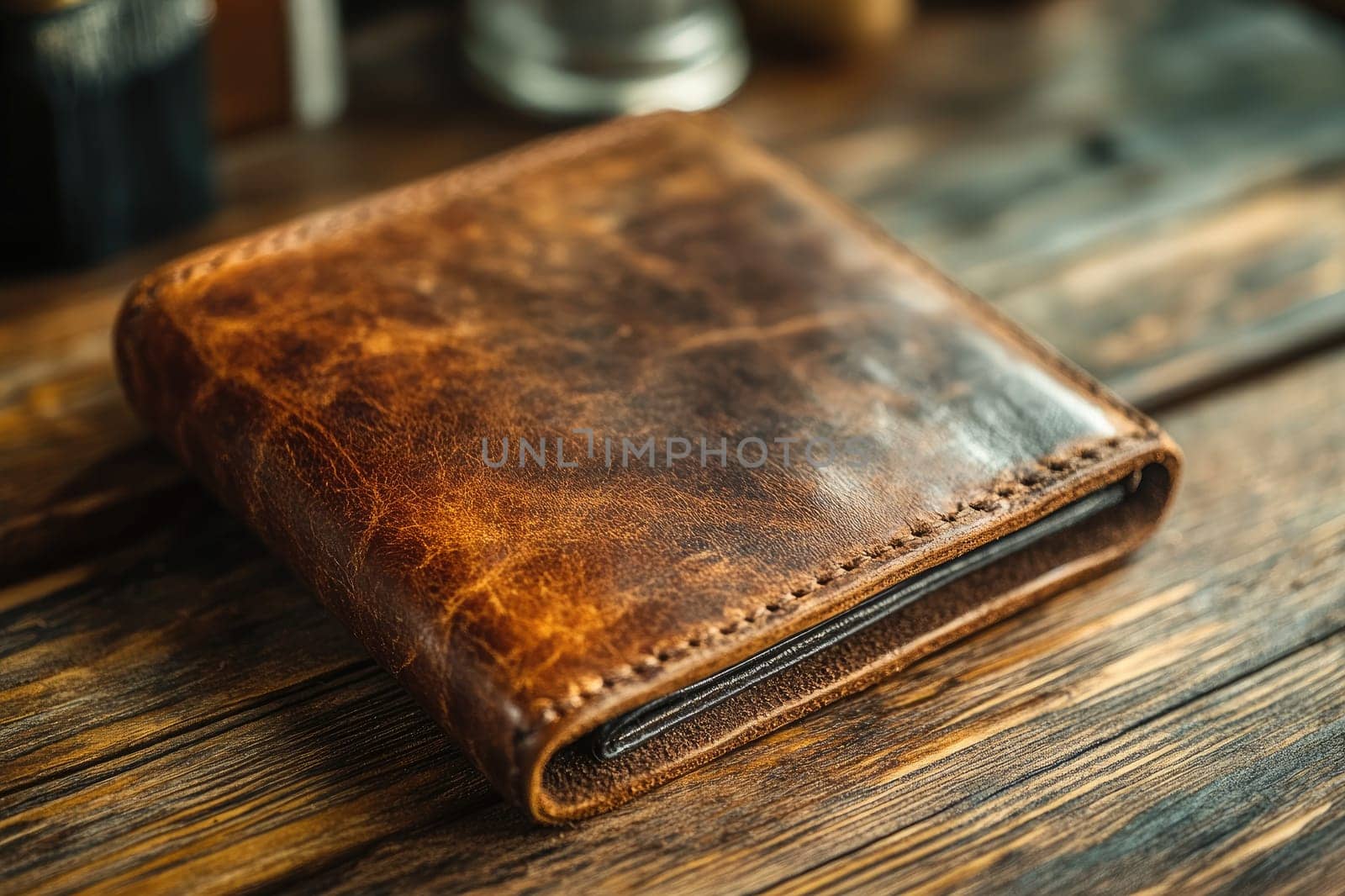 High-angle shot of a closed brown leather wallet sitting on a rustic wooden table