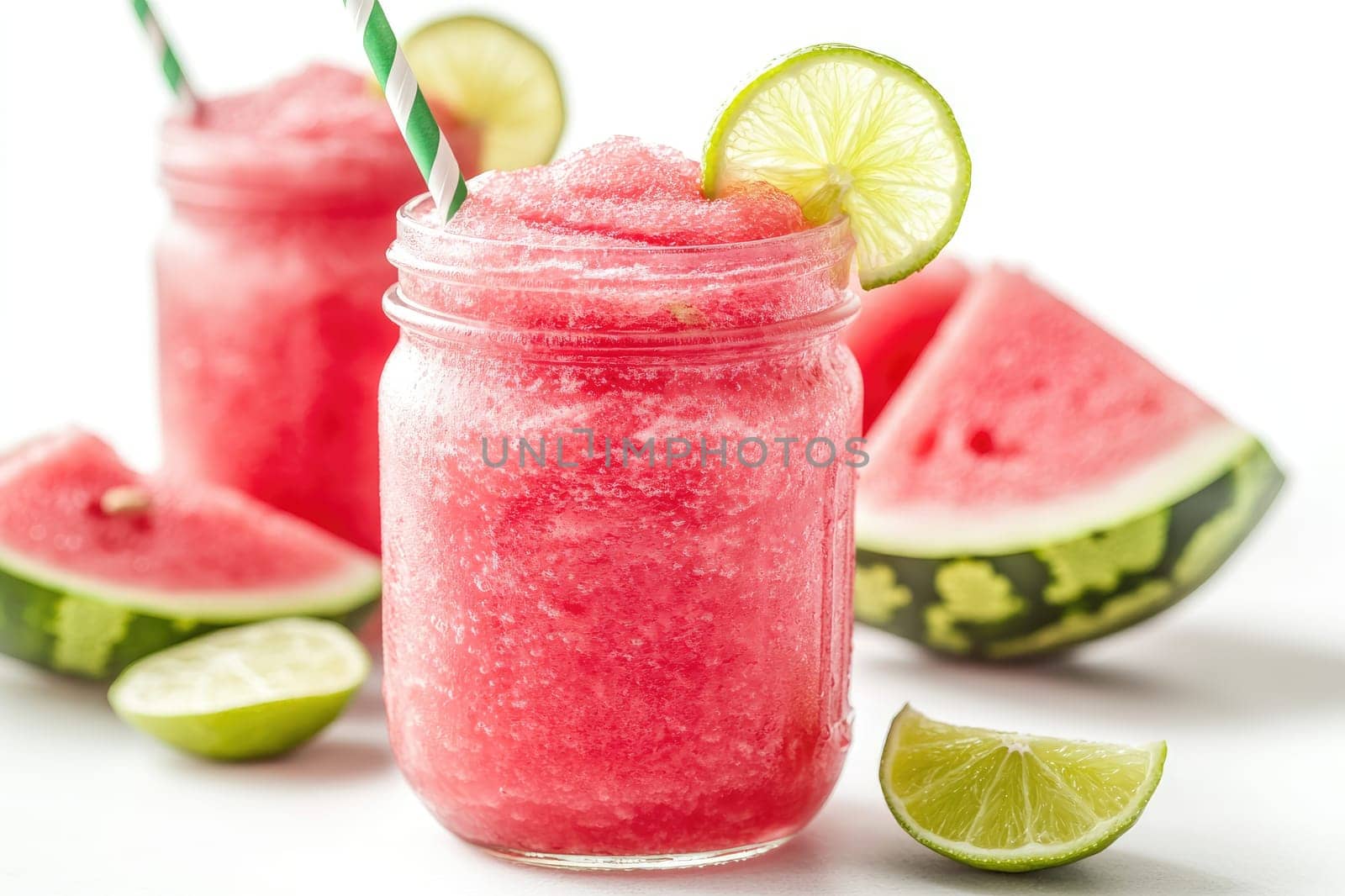 Refreshing watermelon slushie drink in mason jar glass is garnished with lime slice and accompanied by fresh watermelon slices