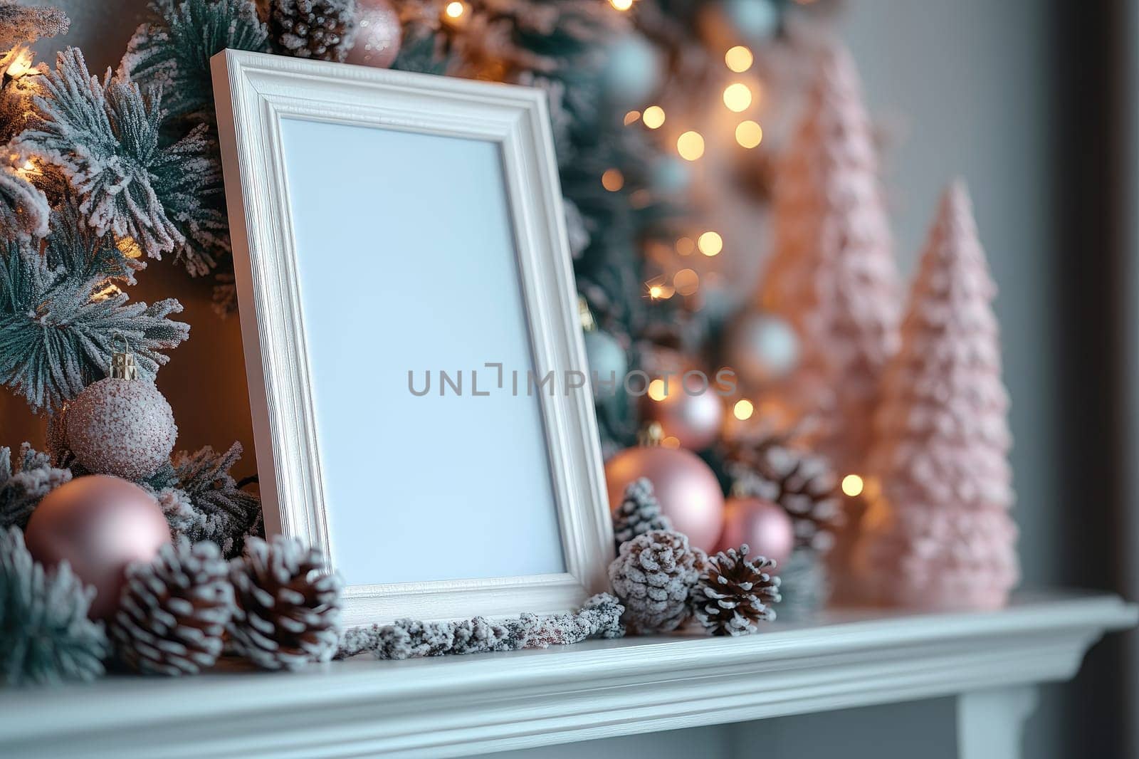White blank frame mockup lying on shelf with christmas decoration of fir branches and garland lights
